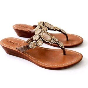 Mystique Jeweled Leather Wedge Sandals Womens 6 Brown Boho Rhinestone Thong